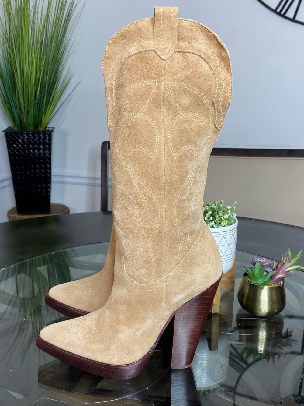 Schutz Meggy Up High Block Heel Cowboy Boots Suede Sonora 9.5
